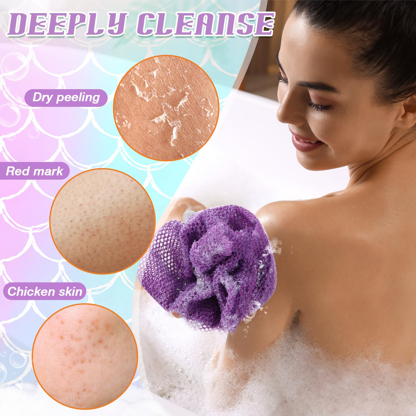 Teenyyou 4 piezas de red exfoliante africana africana toalla de tela colorida toalla de baño larga esponja toalla de baño cuerpo espalda exfoliante para ducha uso diario (cian, morado, rosa azul)