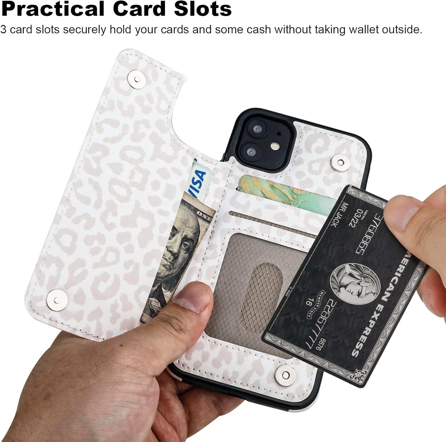 HAOPINSH for iPhone 11 Wallet Case with Card Holder, White Leopard Cheetah Pattern Back Flip Folio PU Leather Kickstand Card Slots Case for Women Girls, Double Magnetic Clasp Shockproof Cover 6.1" - Image 3