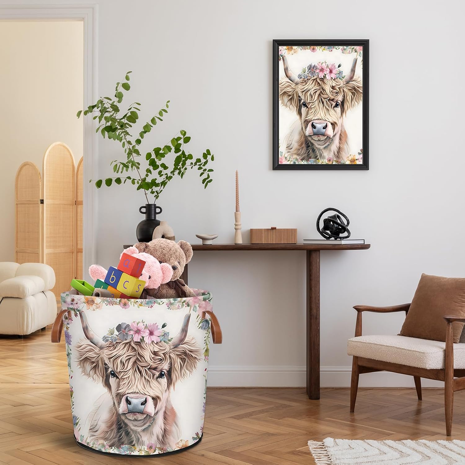 Highland Cow Laundry Basket Waterproof Collapsible Hamper With Handles Oxford Cloth Dirty Clothes Tote for Bathroom, Bedroom, Living Room