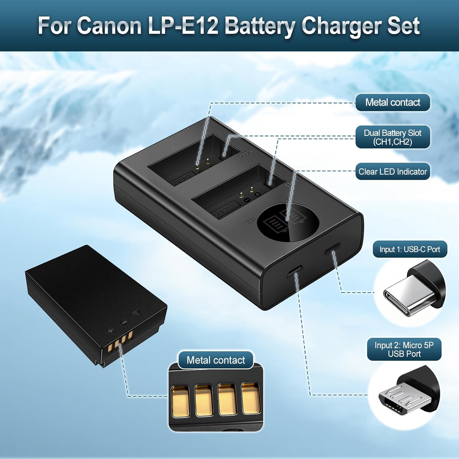 LP-E12 Dual Battery & Charger Kit, 1250mAh High-Capacity Batteries with Dual-Port USB-C Charger for Canon EOS M50 Mark II, M200, M100, M10,100D,Rebel SL1,Kiss M,M2,X7,PowerShot SX70 HS Cameras