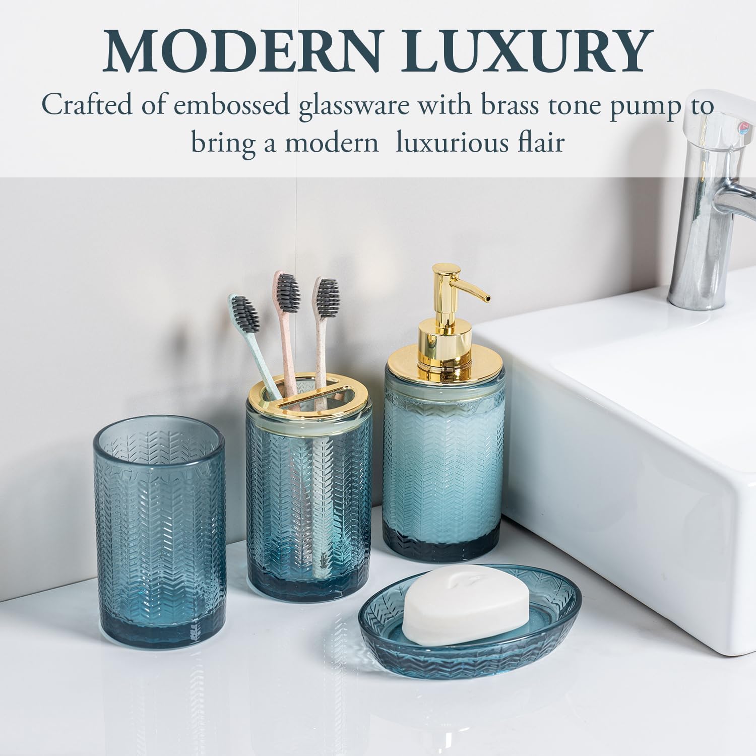 MyGift 4 Pcs Glass Bathroom Accessories Set with Toothbrush Holder, Soap Dish, Pump Dispenser, Tumbler Cup, Blue Bathroom Decor, Modern Embossed Chevron Design