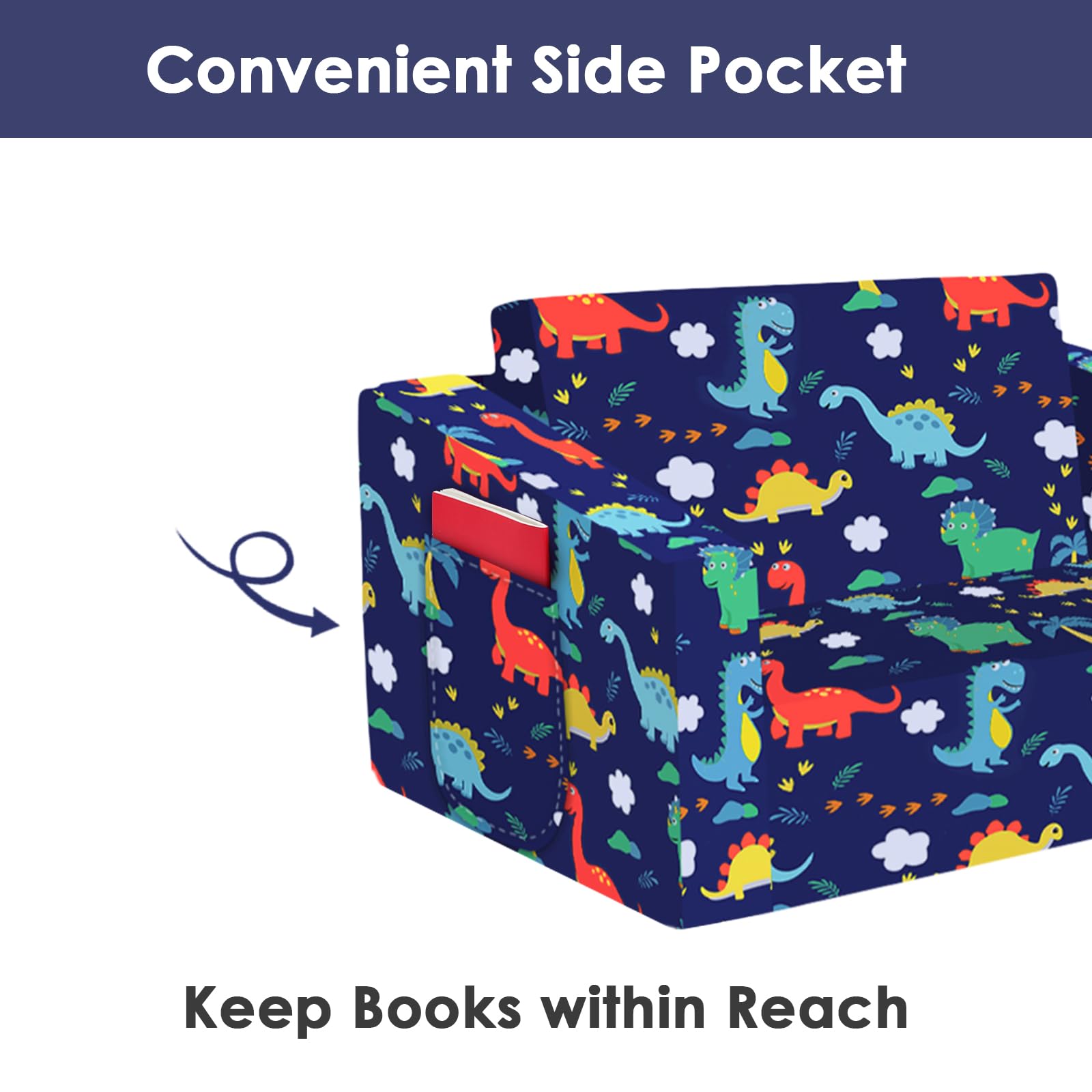 Canapé Pliant pour Enfants Canapé-Lit Convertible 2 en 1, Canapé-Lit pour Bébés Stable Confortable avec Pochette en Tissu, Canapé Chaise Léger pour Chambre à Coucher Salle de Jeux, Dinosaures