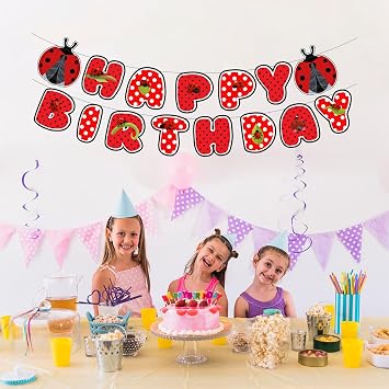 Ladybug Theme Happy Birthday Banner - Red Ladybug Pattern - 5 x 5 - Standard Banner - Wall Mount - Birthday, Baby Shower - Girls, Boys, Women