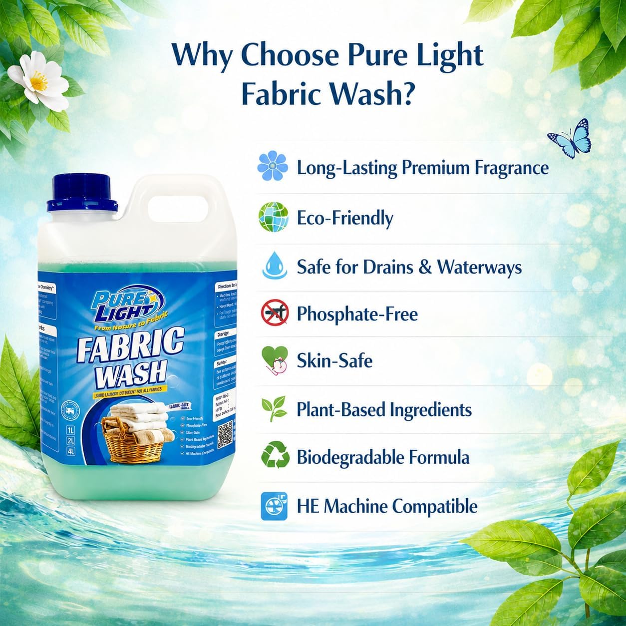 PURE LIGHT Fabric Wash Natural Plant based Laundry Detergent, Original Scent, 68 fl oz, 2 L, Boosted Clean Even in Cold Water, Skin Safe, Dermatologist tested, Non Irritant image 3