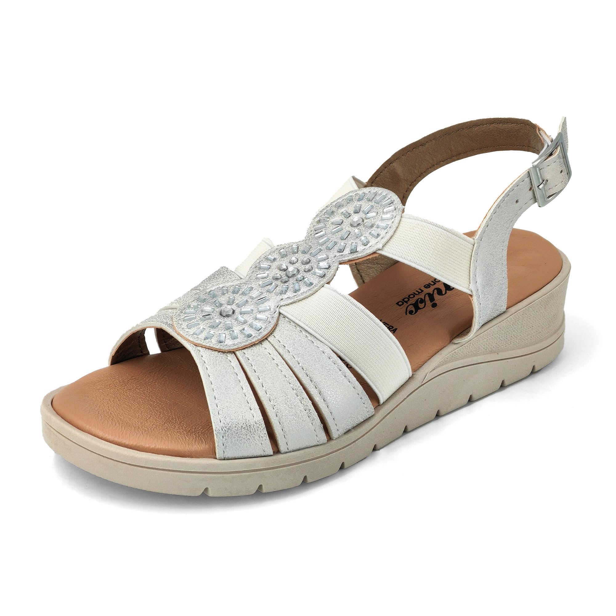 JOMIX Zomersandalen voor dames, sleehak, sandalen, leer, knoopsluiting, comfortabel, kurk, voetbed, zee, strand, outdoor, beige, 37 EU