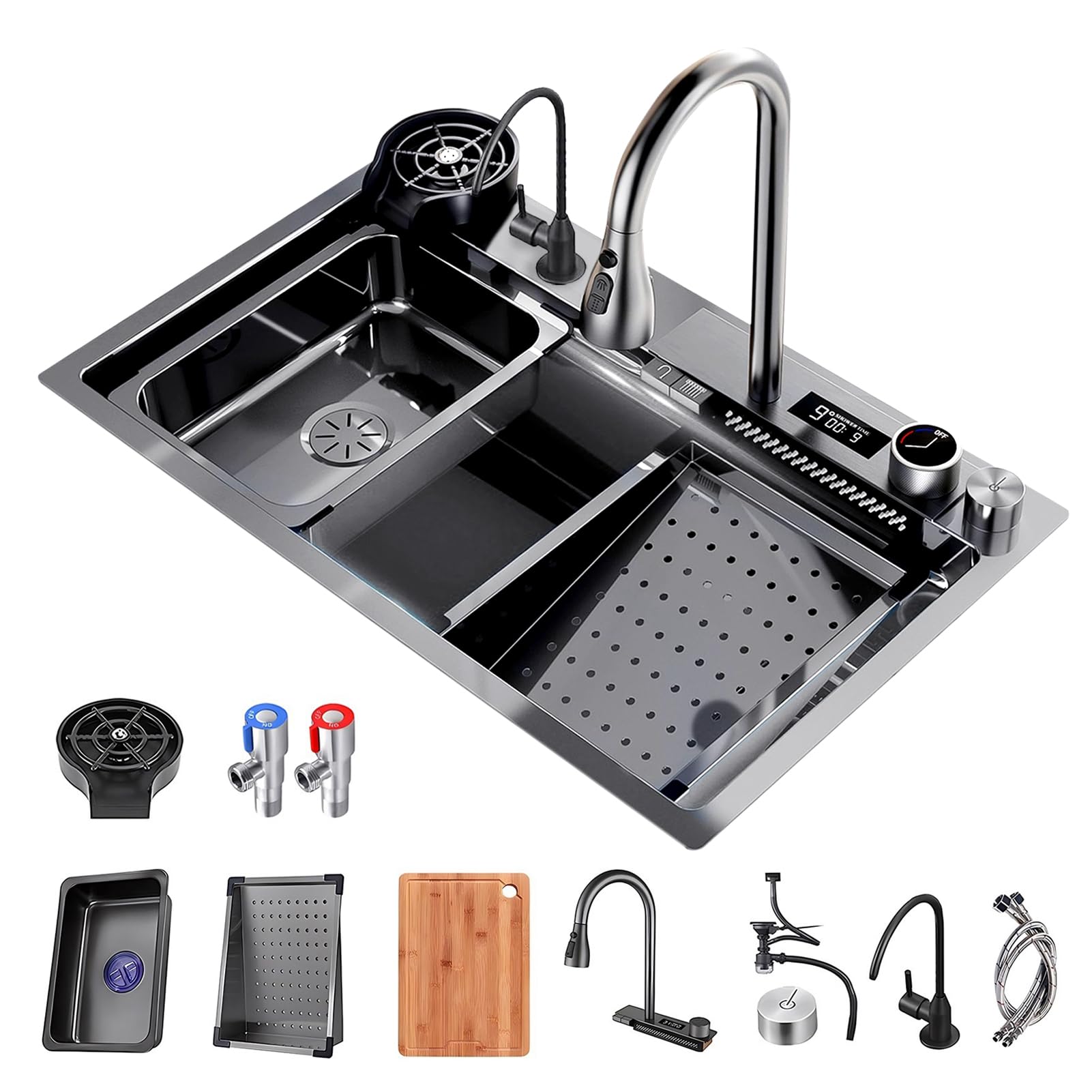 ZQFHSX Black Grey Nano Kitchen Sink, 304 Stainless Steel Waterfall Large Single Bowl Workstation Bar With Digital Display Pull-Out Faucet & Accessories (Size : 68x46x22cm)