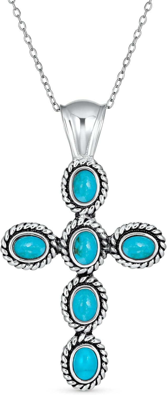Bling Jewelry South Western Style Stabilized Turquoise Rope Bezel Set Cross Pendant Necklace For Women .925 Sterling Silver More Colors