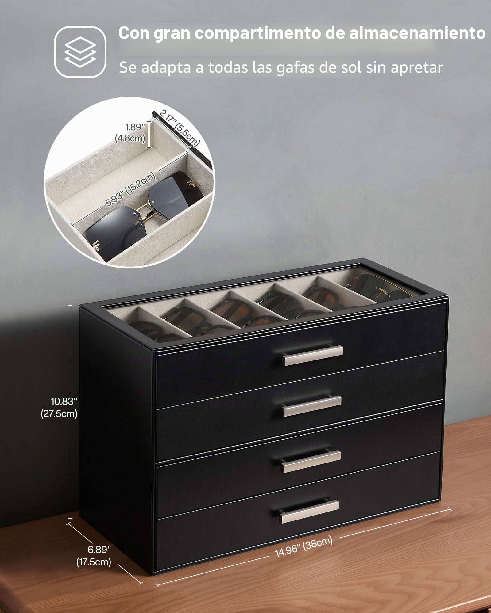 ProCase Caja para Gafas de Sol Hombre con Cajones y Tapa Transparente, Organizador Gafas Vertical de Gran Capacidad 4 Niveles para 24 Pares -Marrón