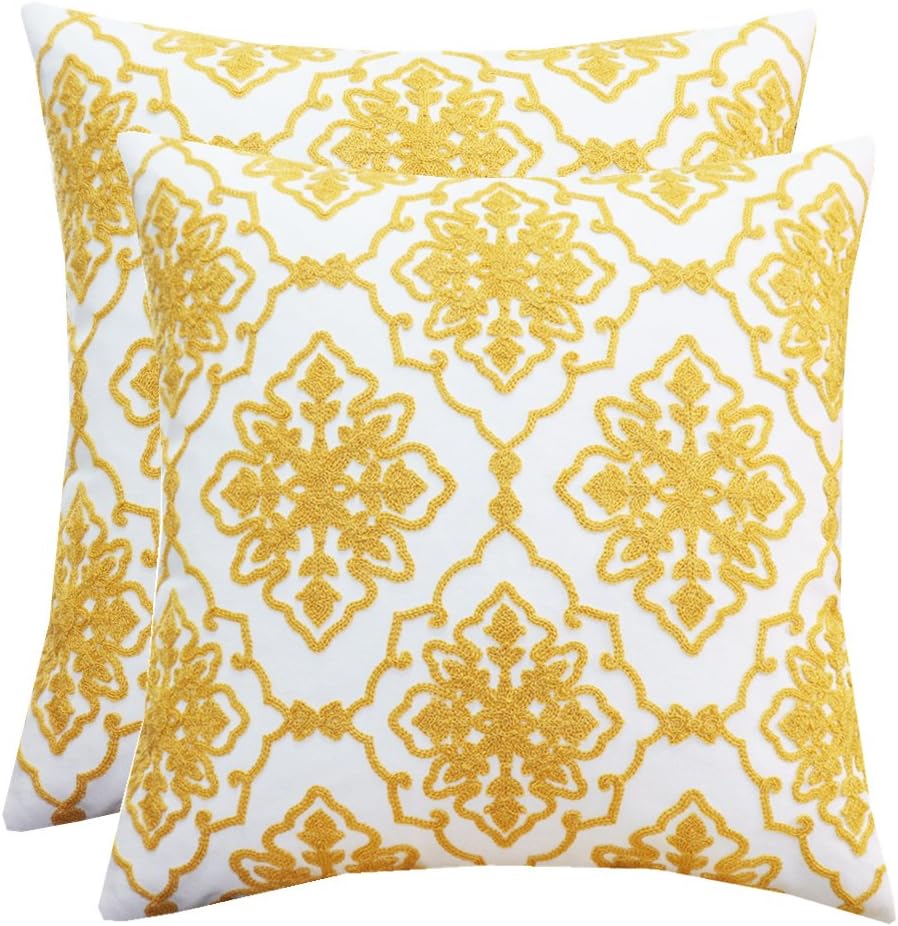 SLOW COW Embroidery Throw Pillow Covers Decorative Cushion Covers Pillow Covers 18 x18 inches, Set of 2, Yellow