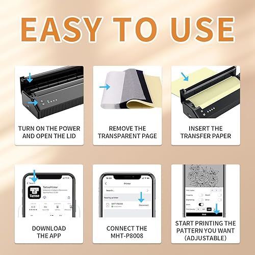 Miniatura 7 de Impresora de plantillas de tatuajes Bluetooth térmica inalámbrica portátil máquina de transferencia de plantillas de tatuaje con 10 piezas de papel
