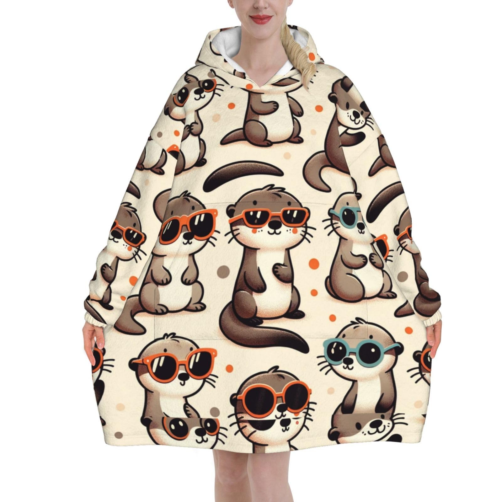 Augenstern Oversized Flannel Wearable Blanket Hoodie For Adult Otter-Wearing-Sunglasses Soft Fuzzy Hooded Lounging Pullover