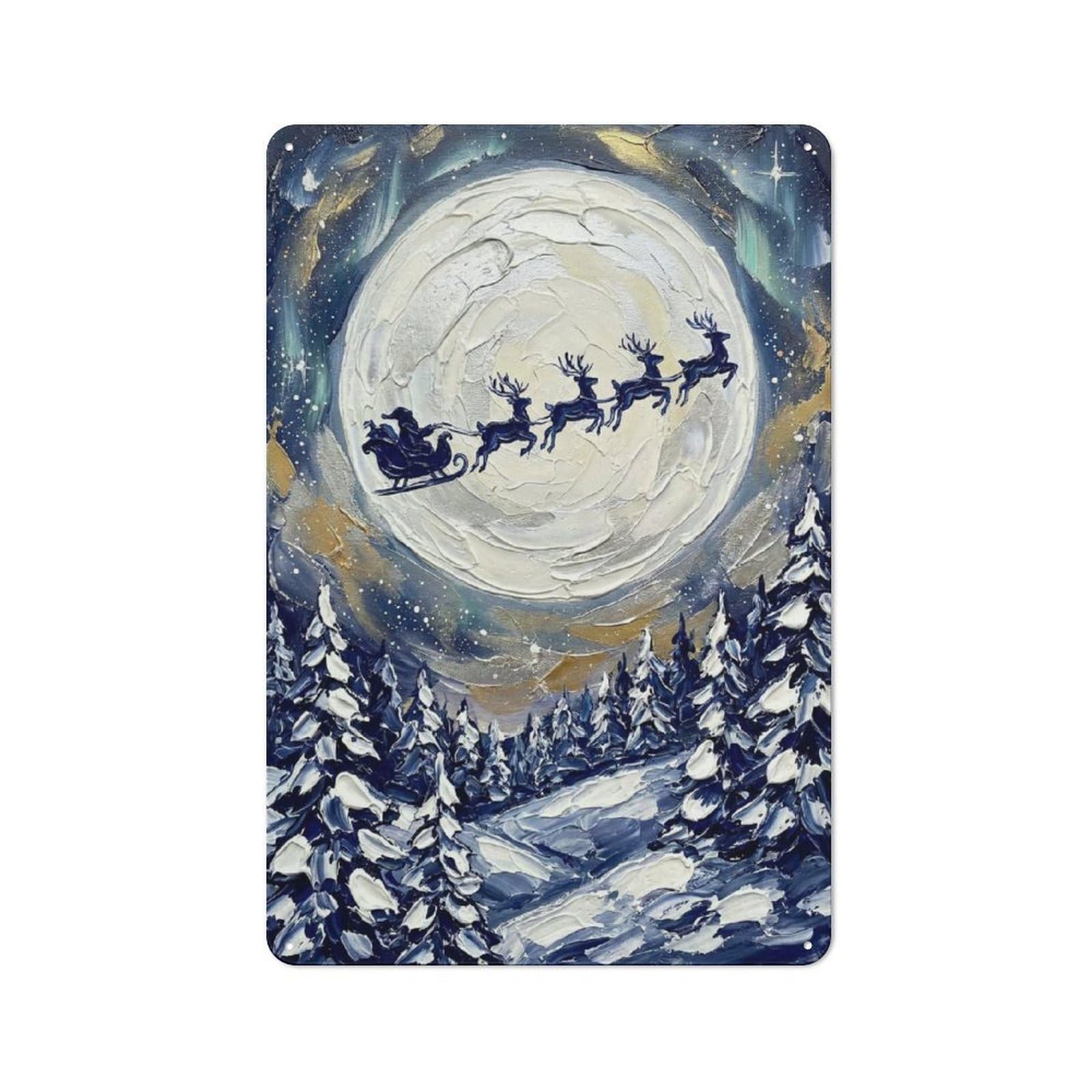Junmoney Style-10 Santas Sleigh Over Snowy Forest Painting Rustic Metal Wall Decor 30X20cm, Garden Room Metal Sign For Patio Bar, Workshop, Shed Or Kitchen