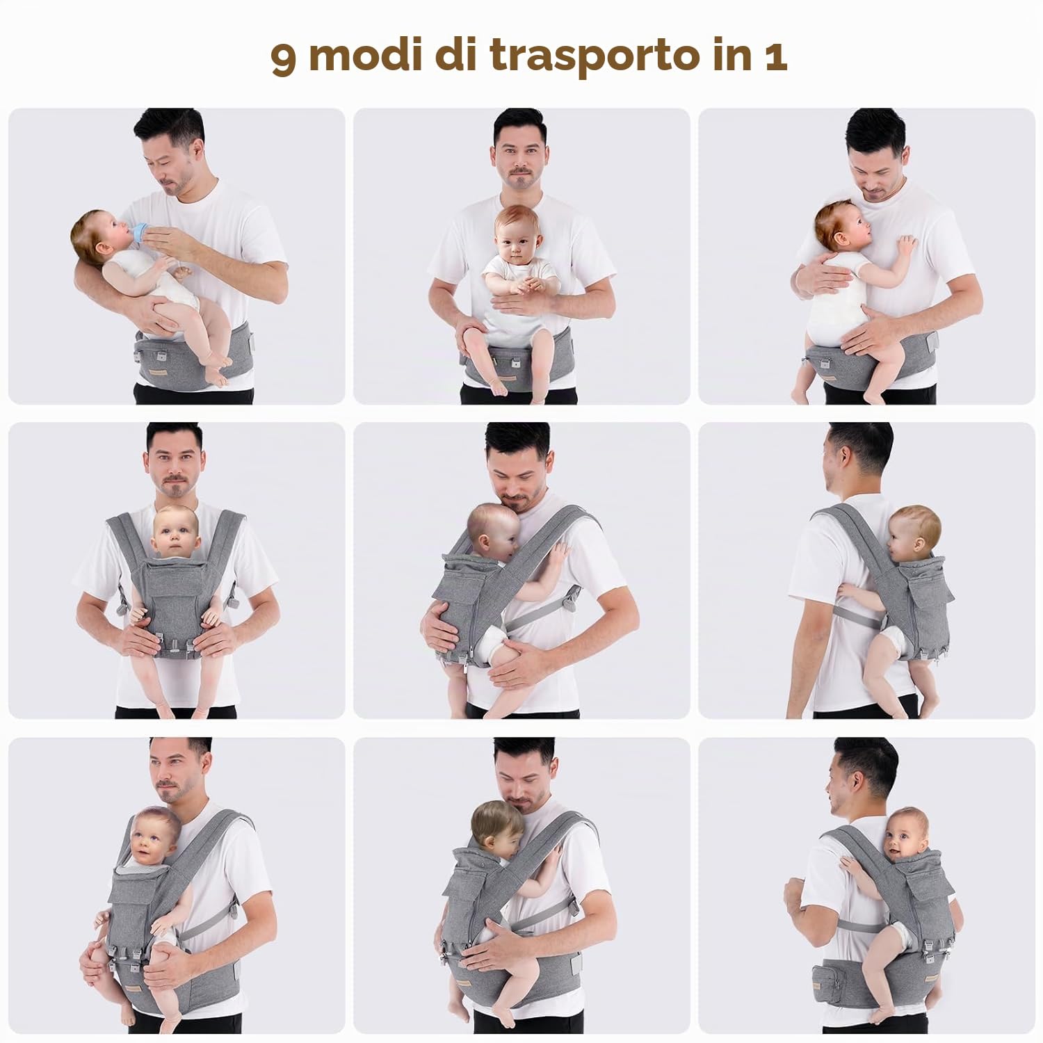 Fascia Neonato, 9-in-1 Regolabile Marsupio Neonati Ergonomico, Confortevole e Leggero, Sedile con Supporto Lombare, Marsupio Bambino da 0-36 Mesi, Ideale per Genitori a Mani Libere, Grigio