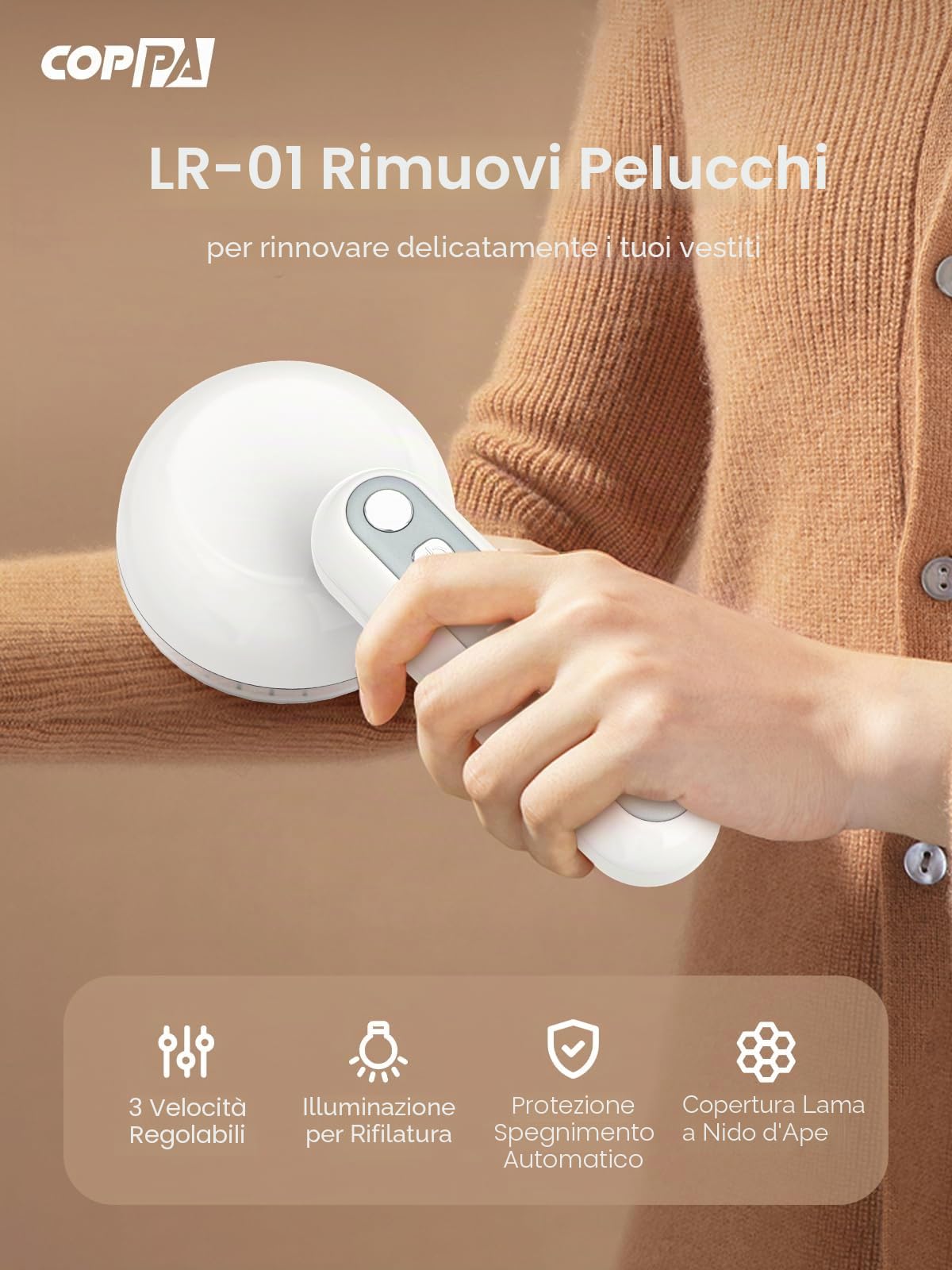 COPPA Levapelucchi Elettrico, LR-01 Elettrici Leva Pelucchi Ricaricabile 6 Lame 3 Velocità Regolabili Portatile Rasoio Pelucchi con Protezione Spegnimento & Luce per Rimuovere Lanugine Vari Tessuti