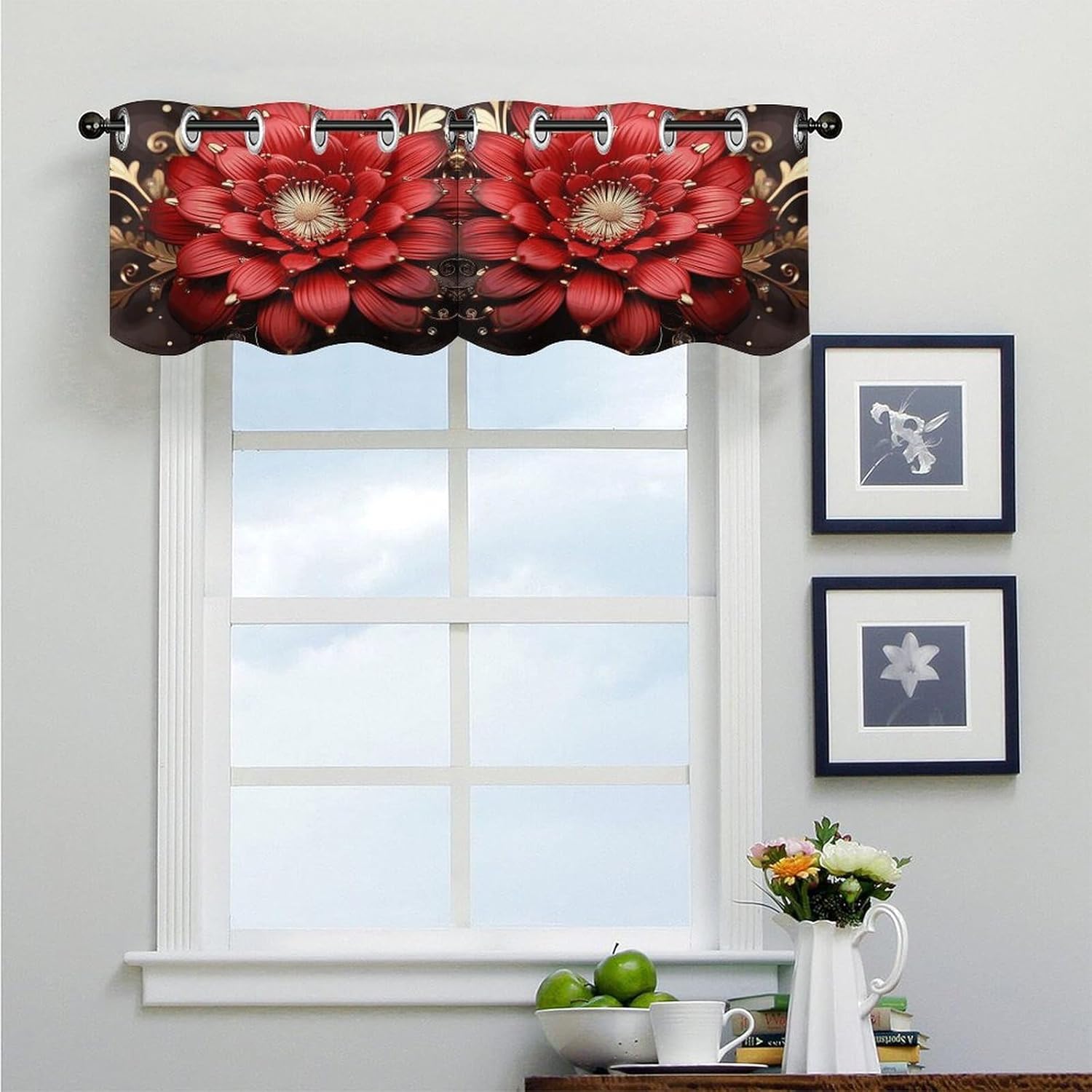 Red Gold Flower 2 Pack Valance Curtains Window Treatments. Adjustable Curtain with Rod Pocket.Cafe Curtains is Half Curtains for Privacy Decorative 52x18.1 Inch.