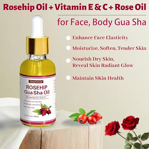 Miniatura 2 de Umpeimvon Paquete de 3 aceites faciales Gua Sha para mujeres, aceite de rosa mosqueta, aceite facial orgánico con infusión de rosa, vitamina E y C,
