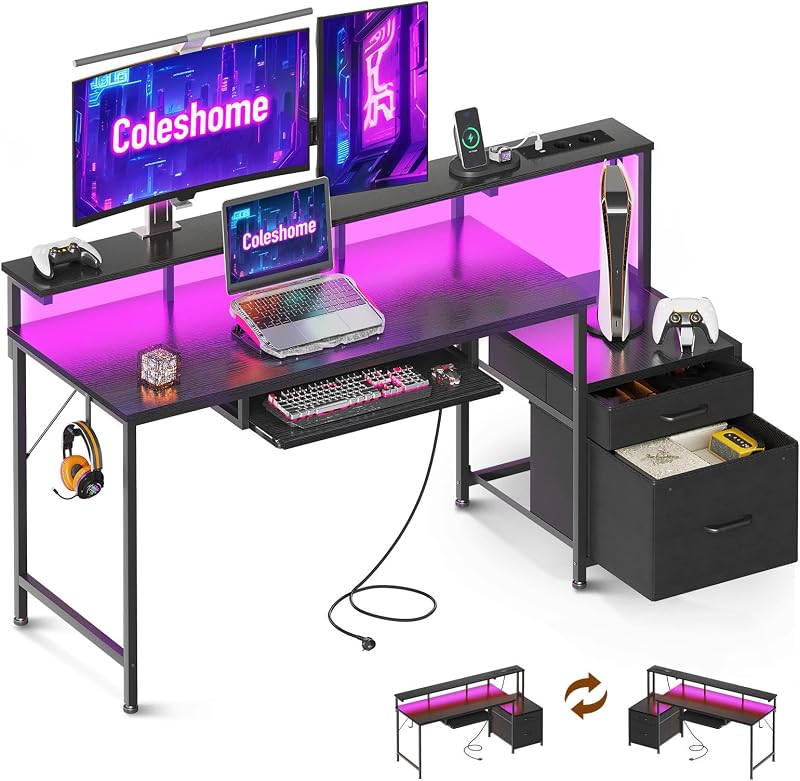 Coleshome Scrivania Gaming LED 140x48 cm