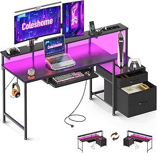 Coleshome Gaming Tisch mit LED, 140x48cm Schreibtisch mit Stoff Schubladen Computertisch mit 2 Steckdosen&2 USB Anschlüssen, Gaming Schreibtisch mit Monitorständer für Home Office, Schwarz