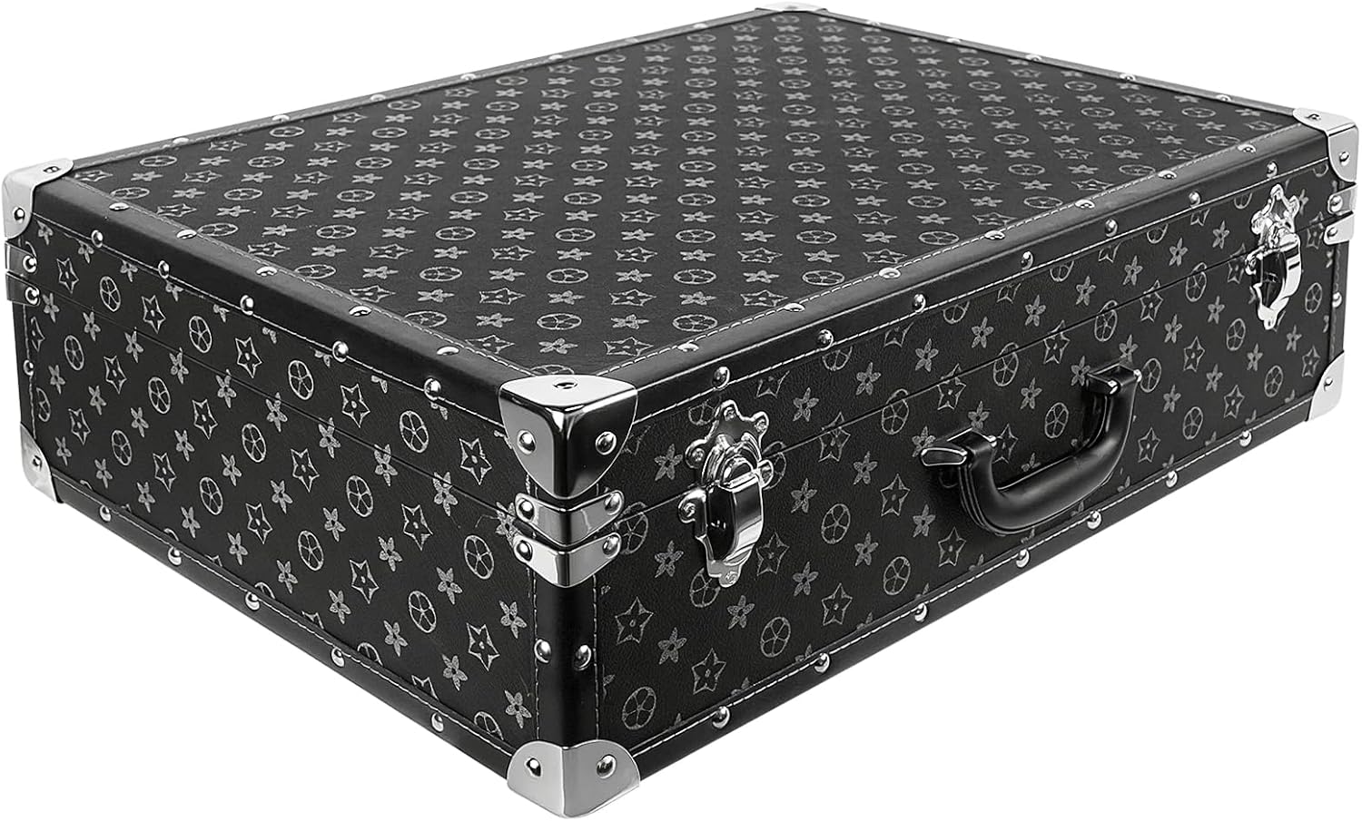 DreamsEden Large Decorative Wood Storage Trunk - Vintage Floral Pattern Antique Black PU Leather Wooden Box Suitcase for Home Decor