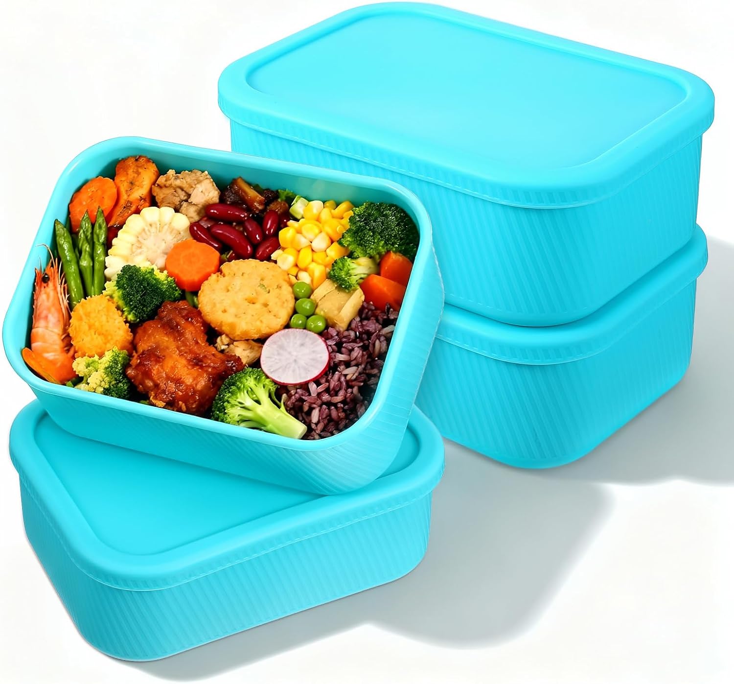 4 Pcs Silicone Freezer Trays with Lid, 6 Cup Freezer Silicone Molds Reusable Rectangle Soup Food Containers Freezing Ice Trays for Soups, Sauces, Stews & Curries (Lake Blue)