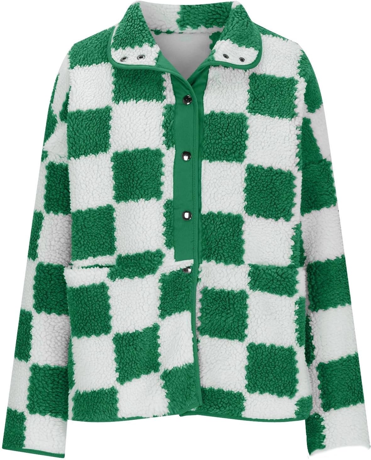 Fleece Jackets for Women Plaid Color Block, Lapel Warm Outerwear Casual Long Sleeve Jacket Loose Trendy Winter Coat