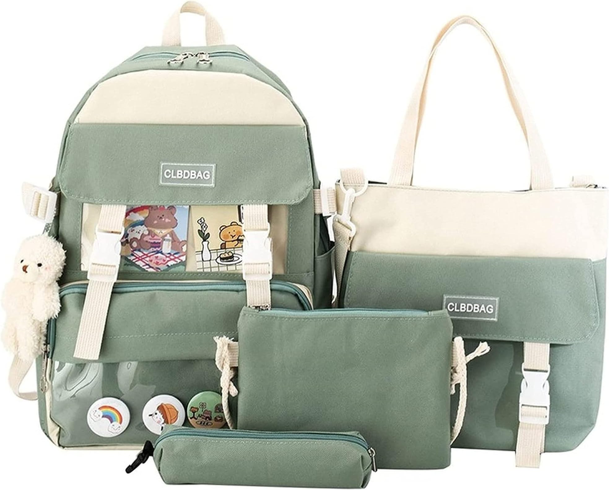 KEAIDO School Backpack with Kawaii Teddy Bear Pendant Set, Green, L, 4 Pieces Combo, unisex-child