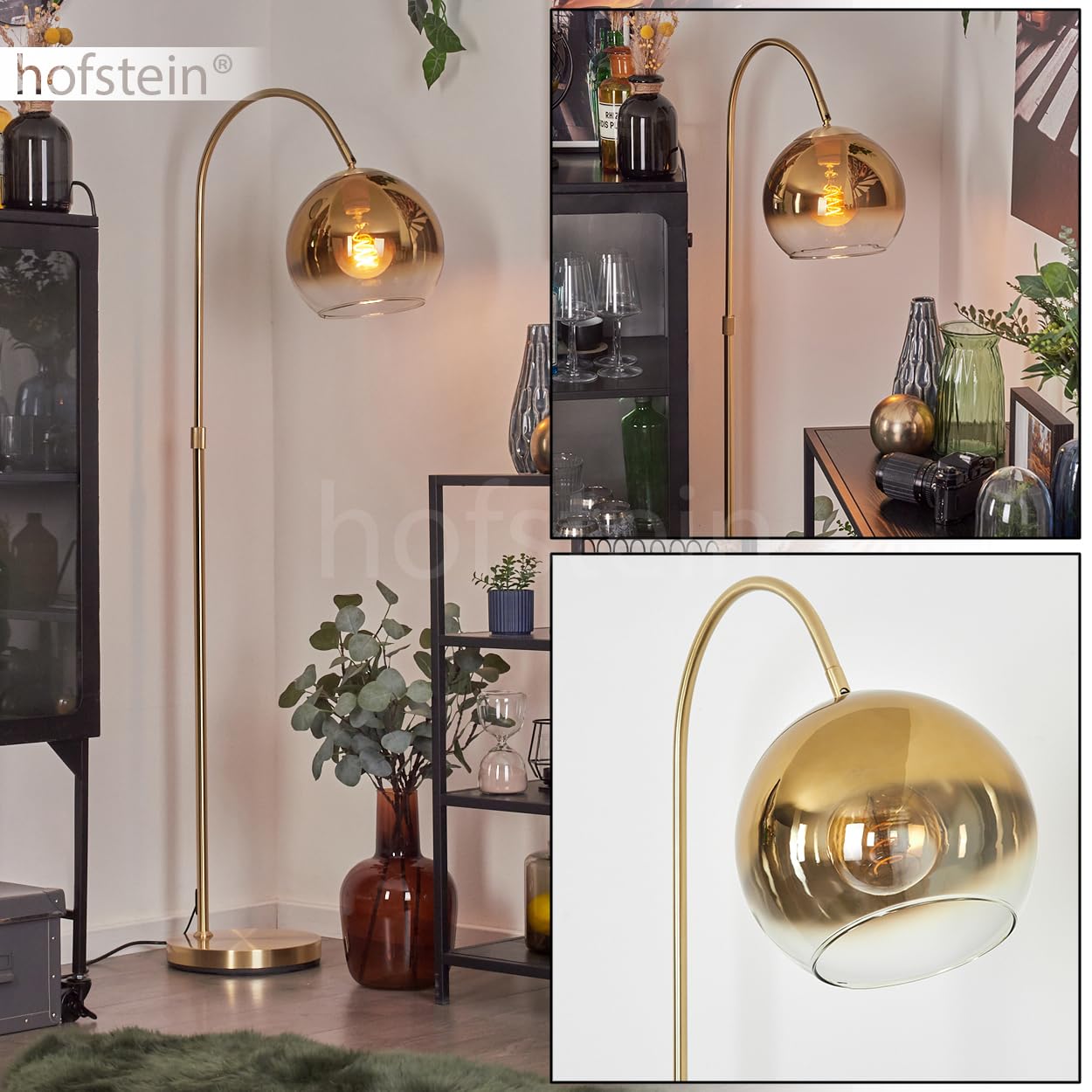 Stehleuchte Koyoto, Stehlampe aus Metall/Glas in Messing/Gold/Klar, Leuchte im Retro/Vintage/Industrial-Design mit Schirm aus Glas (Ø 25 cm) u. Fußschalter, Höhe 140 cm, 1 x E27, ohne Leuchtmittel