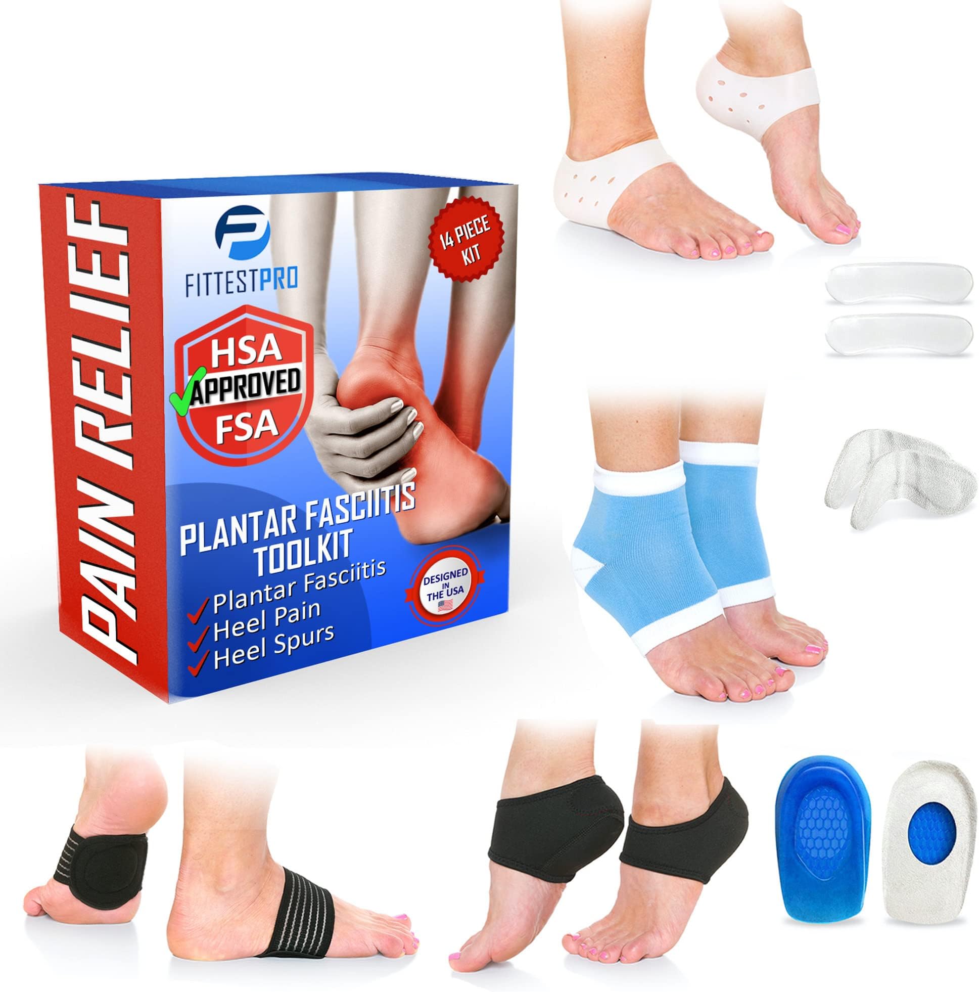 Plantar Fasciitis Foot Pain Relief 14-Piece Kit – Premium Planter Fasciitis Support, Gel Heel Spur & Therapy Wraps, Compression Socks, Foot Sleeves, Arch Supports, Heel Cushion Inserts & Heel Grips