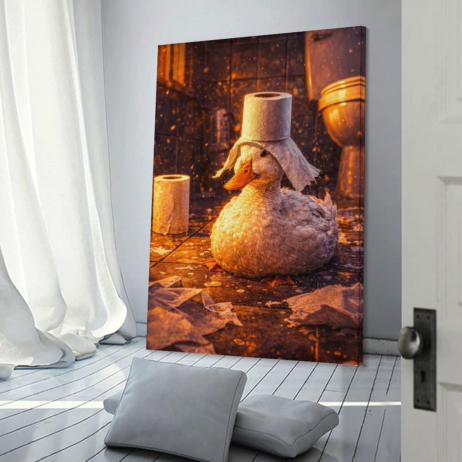 Junmoney Duck Wearing Toilet Paper Hat in Bathroom Canvas Wall Decor 24x36inch(60x90cm), for Calm Bedrooms, Home Corners Or Flats, A Warm Accent for Relaxed Interiors