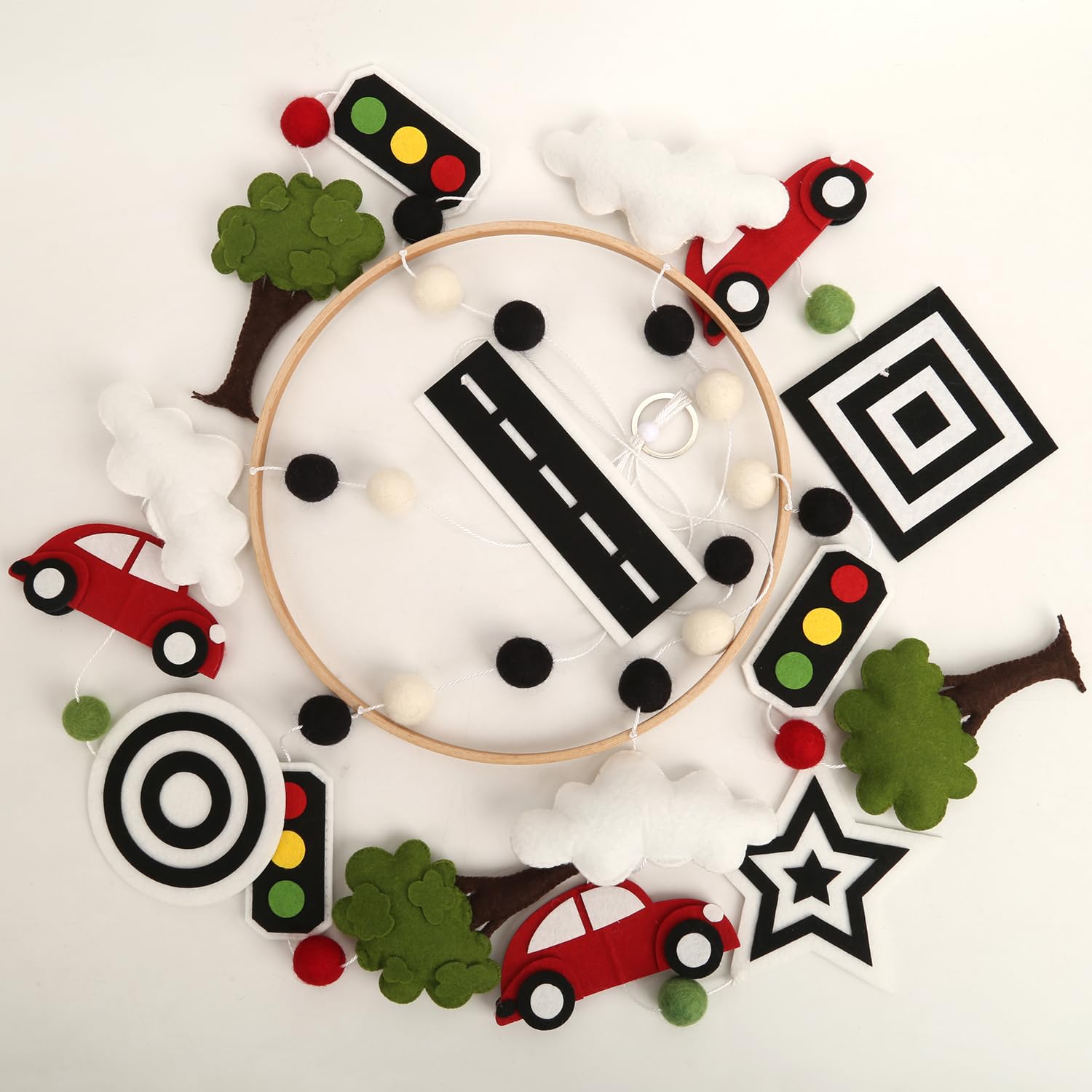 High Contrast Mobile - Black and White Crib Mobile for Development with red Cars, Green Trees and Black and White Patterns