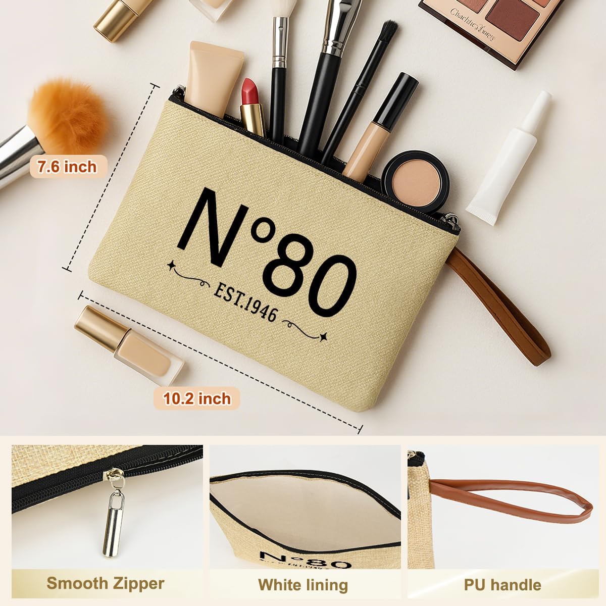 Vintage 1946 Theme 80th Birthday makeup Bag for Women, Vintage N°80 makeup Bag - Gifts for Mom, sister, friend, Mother’s Day, Thanksgiving & Christmas image 3
