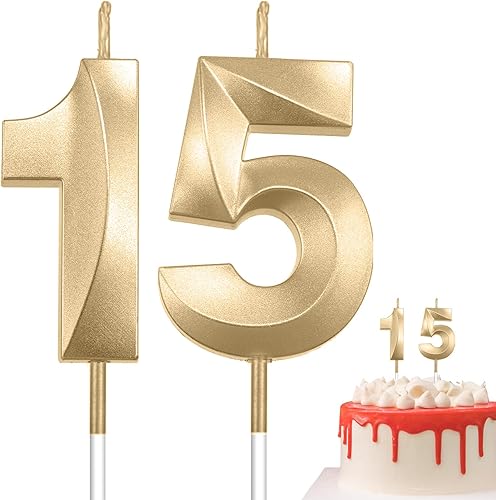 Velas de cumpleaños número 15, velas de cumpleaños número 15, vela de feliz cumpleaños para pasteles, diseño 3D dorado para decoración de cumpleaños