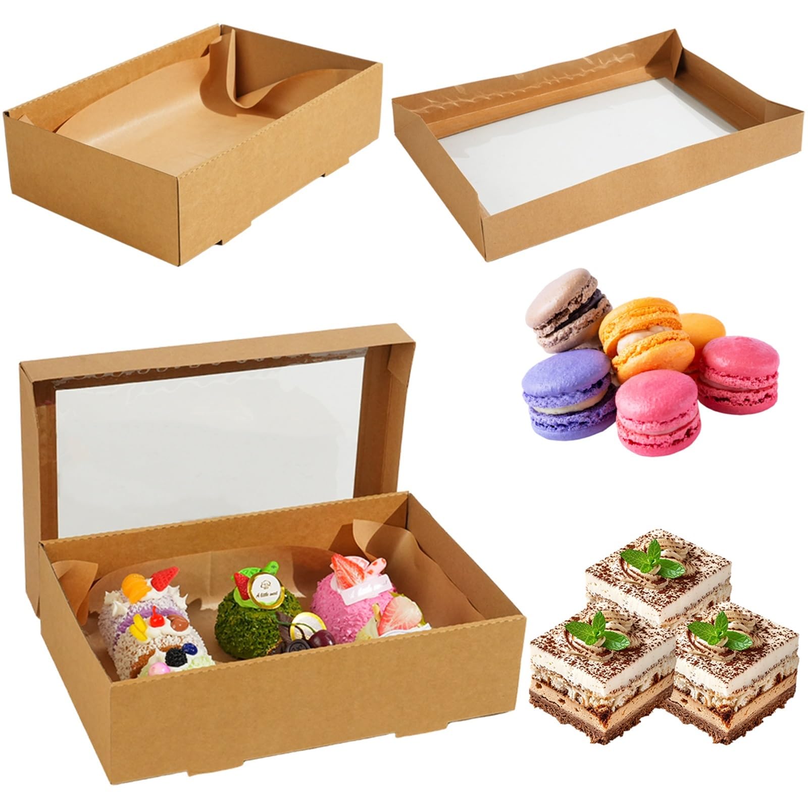 Caja Tarta de Cartón Con Ventana Transparente Caja de papel Kraft desechable for Picnic, ventana transparente, recipiente for comida, pastel fruta, dulces, 2/4/6 Uds(M,6pcs)
