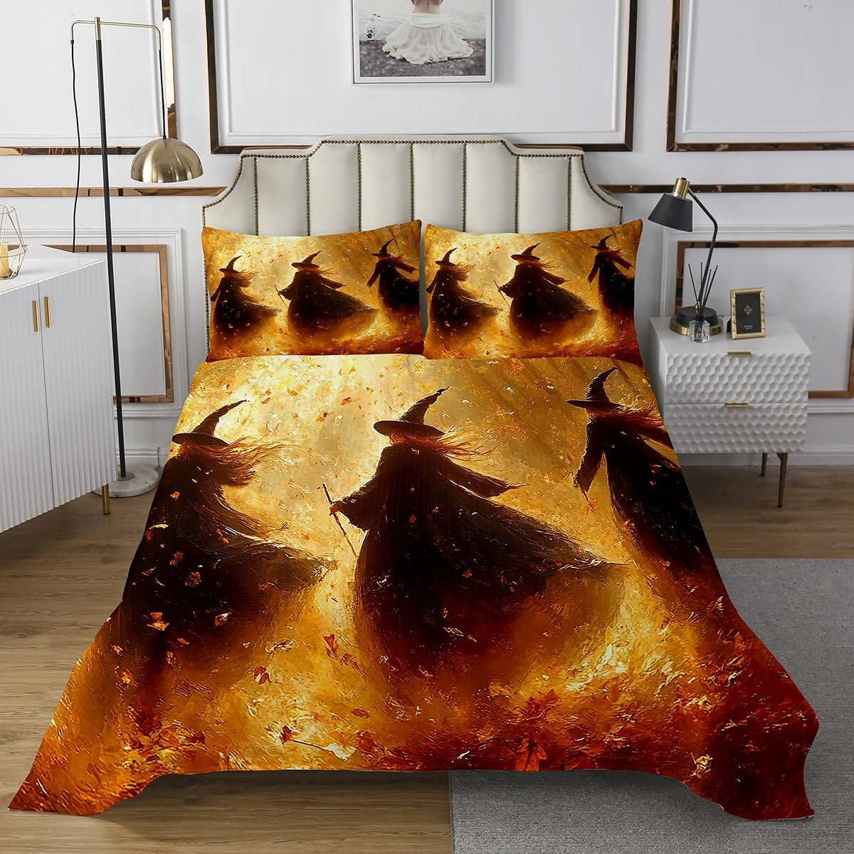 Erosebridal Halloween Decorations Quilt Set Three Witches Magical Coverlet Set Set King Size for Boys Girls Kids Happy Fall Autumn Magical Witches Bedspread Set Horror Halloween Decor Bed Set