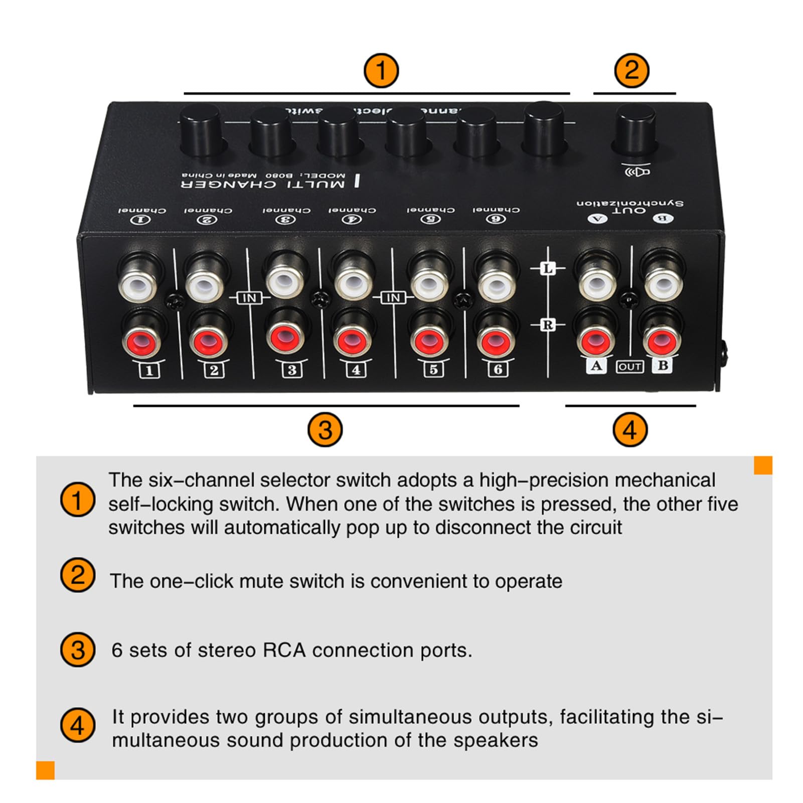 Przełącznik Audio, Przełącznik Stereo Audio, Wyjście 6 na 2, Plug and Play, do Komputera do Gier Kina Domowego, Czarny