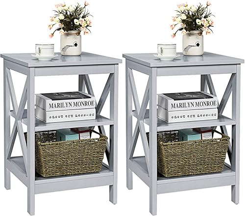 Giantex Juego de 2 mesitas de noche de 3 niveles, mesa auxiliar moderna de diseño X con estante de almacenamiento, mesitas de noche con estante