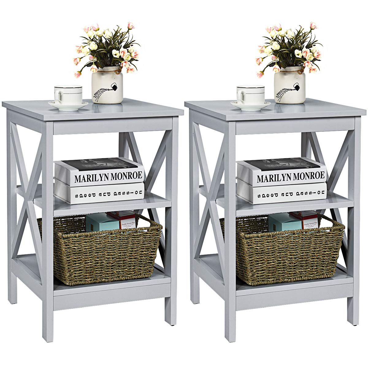 Giantex 3-Tier Nightstand Set of 2, Modern X-Design Side Table with Storage Shelf, Bedside Tables with Versatile Shelf, Wooden End Table for Living Room, Bedroom, Easy Assembly, Gray