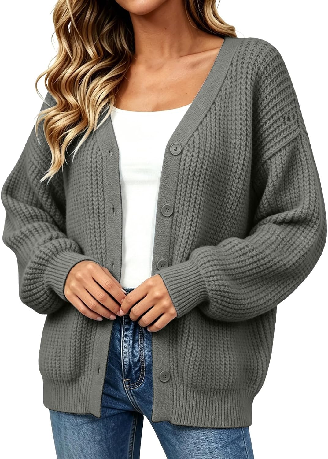 Women's Knit Cardigan V Neck Button Front Classic Relaxed Sweater
