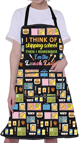 Miniatura 6 de CMNIM Delantal de almuerzo escolar con bolsillos, divertido delantal de almuerzo para dama o cafetería