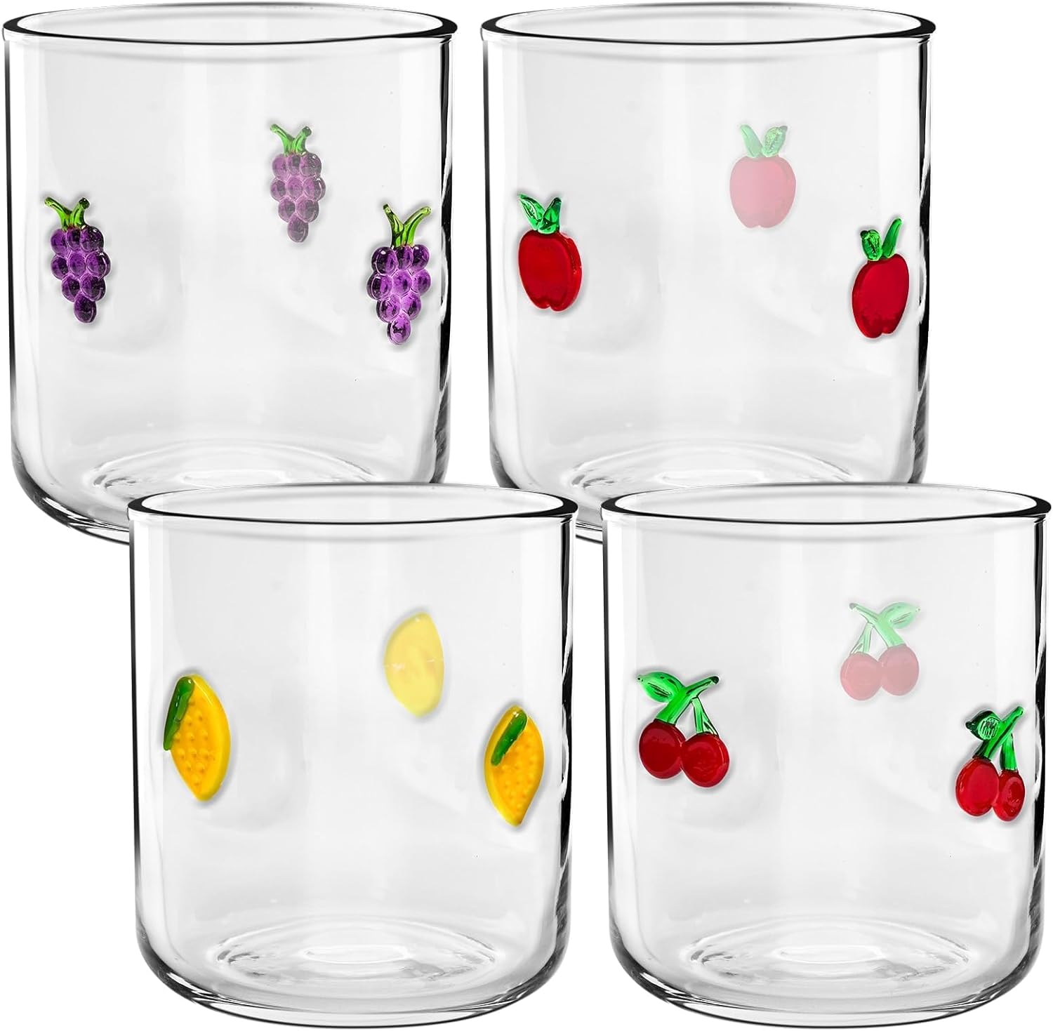 4 Pcs Fruit Icon Glasses Set, 14oz Cherry Lemon Apple Grape Aesthetic Glass Cup Icon Stemless Coffee Cocktail Glassware Cup for Birthday Summer Party Supplies Gift