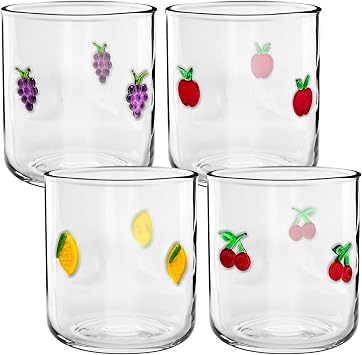 4 Pcs Fruit Icon Glasses Set, 14oz Cherry Lemon Apple Grape Aesthetic Glass Cup Icon Stemless Coffee Cocktail Glassware Cup for Birthday Summer Party Supplies Gift
