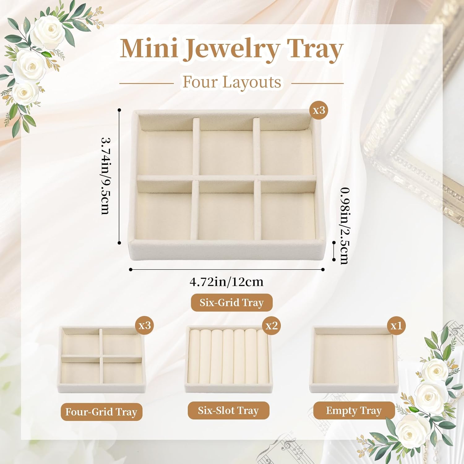 Ewen 9 Set of Mini Stackable Jewelry Trays in 4 Different Layouts, 4.72x3.74x0.98in Velvet Display Cases for Drawers, Small Containers for Storage and Organization of Bracelets Necklace Rings, Beige