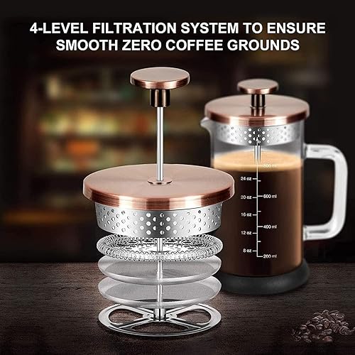 Miniatura 9 de YMMIND French Press Coffee Maker 34 Ounce Espresso Tea Coffee Maker with 4 Filters System, Stainless Steel Plunger and Heat Resistant Borosilicate