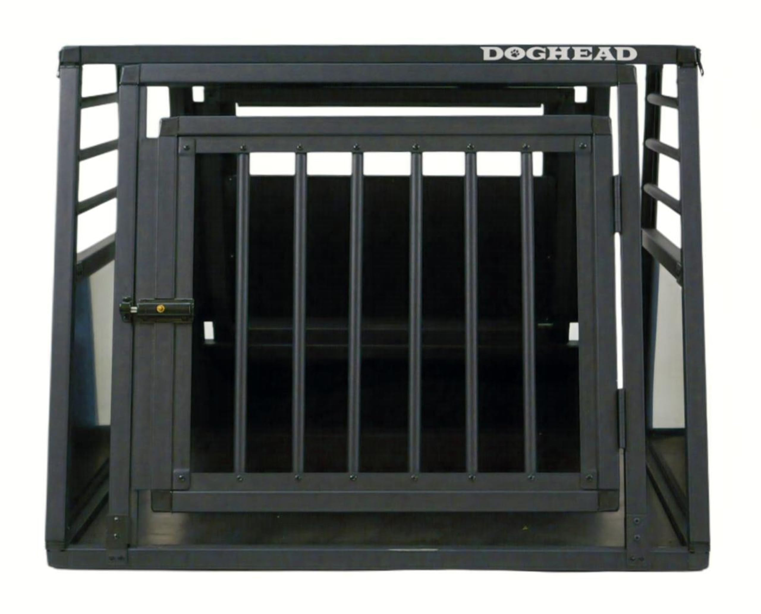 DOGHEAD Hundetransportbox Proline, Single 80x75x63 cm, Schwarz, Aluminium, Beidseitig Abgeschrägt 75°, mit Notausstieg