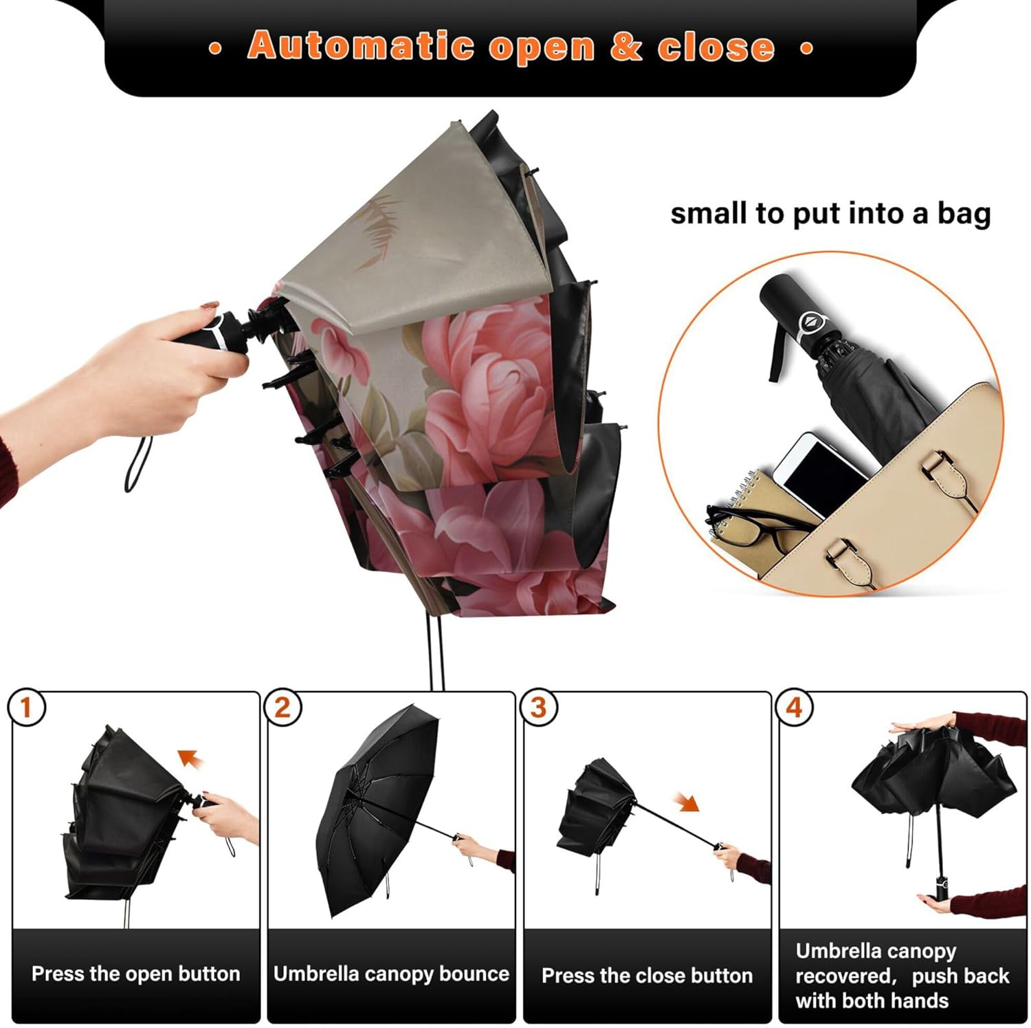 Automatic Folding Umbrella Windproof Strong, UV Protection Compact Floral Hydrangea Hummingbird Sun Rain Sun Rain Travel Umbrellas for Women Men