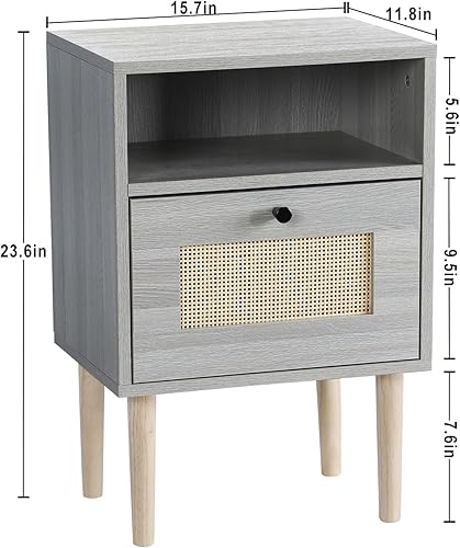Miniatura 3 de SEHERTIWY Mesita de noche de mediados de siglo, mesa auxiliar de ratán con cajones, mesita de noche moderna, mesita de noche de madera bohemia con