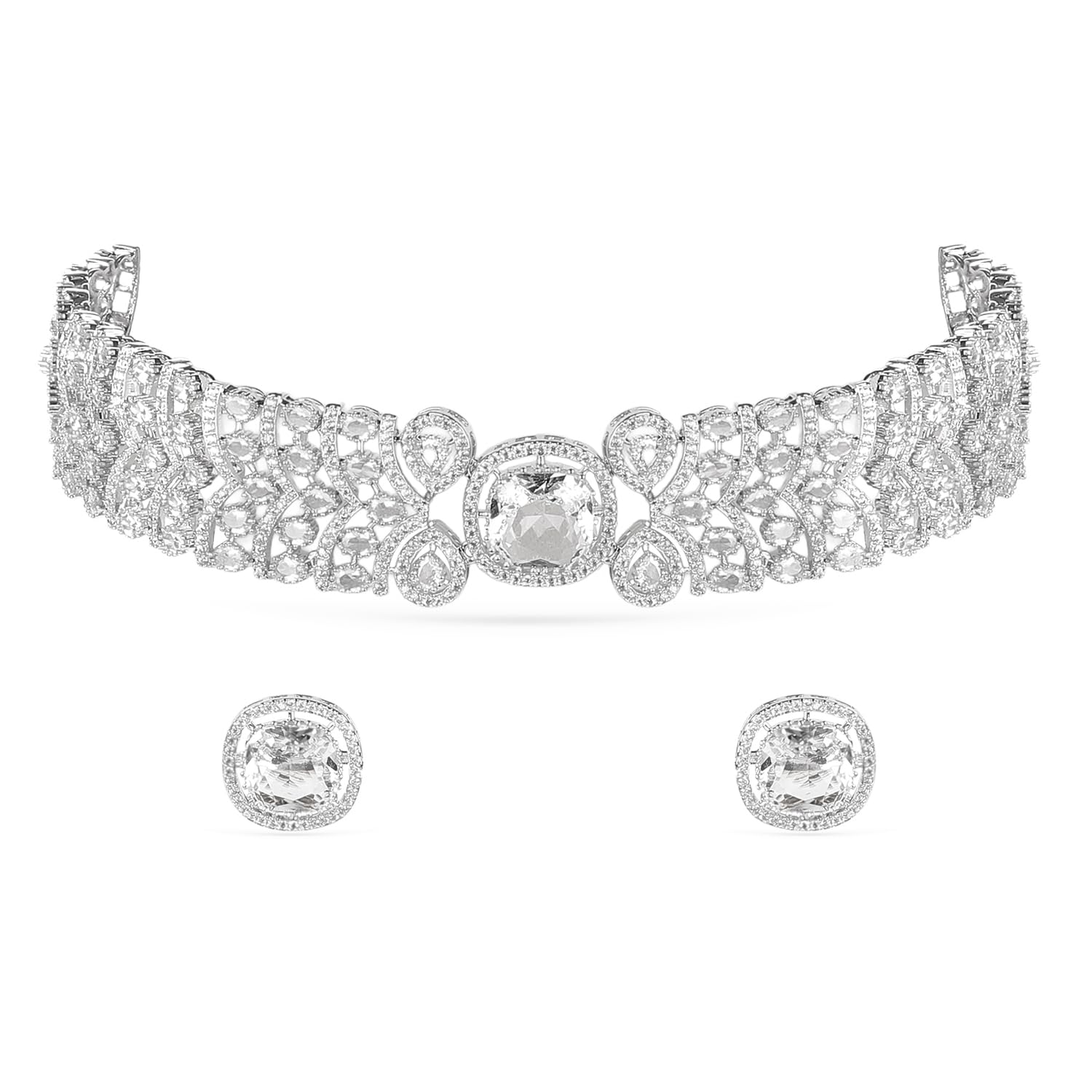 rubans Cubic Zirconia Choker Necklace Set Statement Bridal Wedding Jewellery Gift for Women & Girls-picture-49