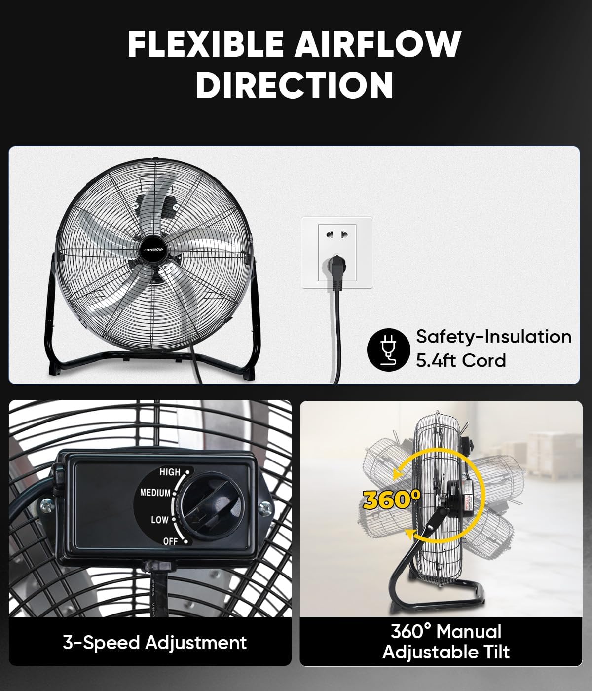 KEN BROWN 20 Inch High Velocity Floor Fan, Industrial Metal Fans, 3 Speed, 5 Aluminum Blades, 360° Tilt, Heavy Duty, for Shop, Garage, Warehouse, Outdoor