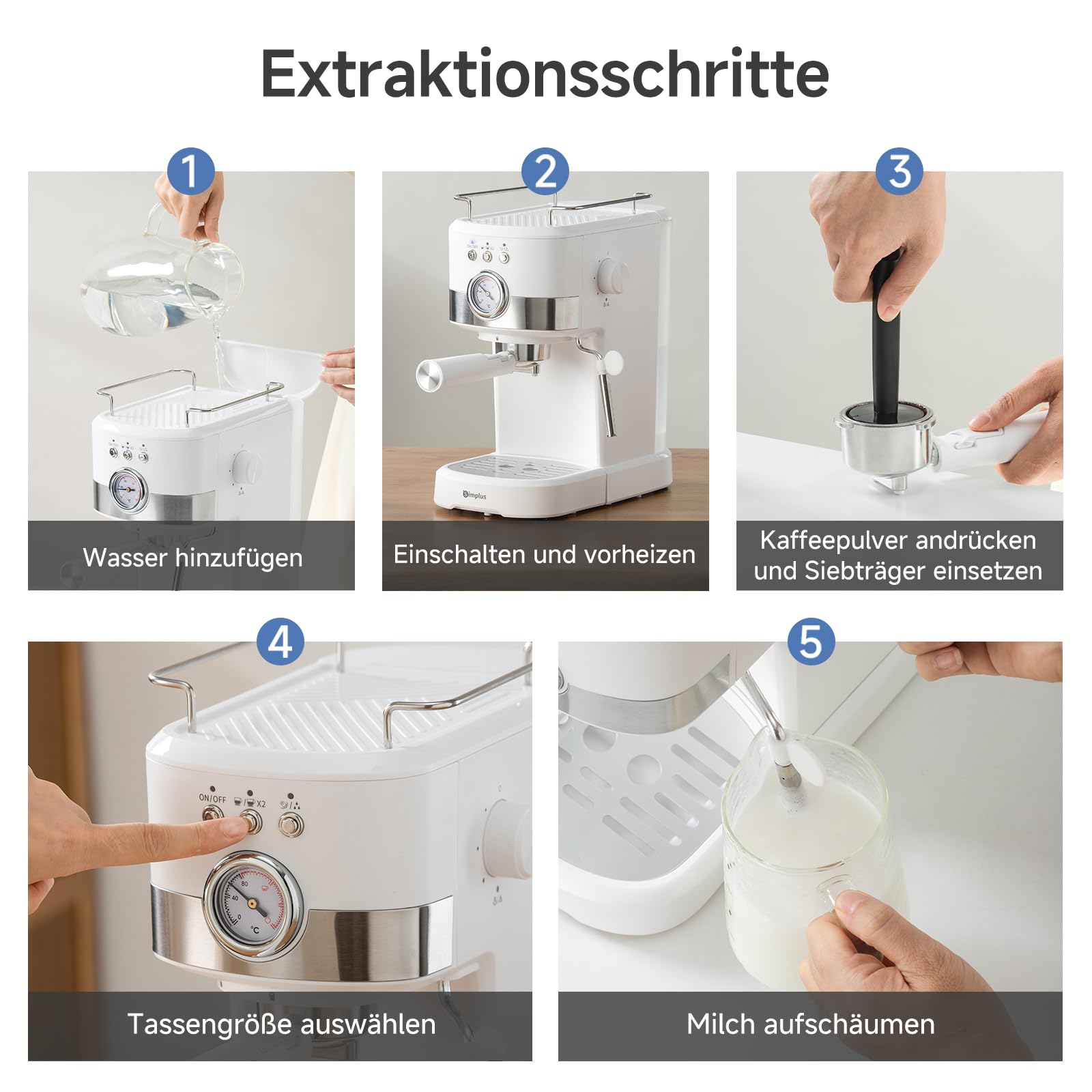 SIMPLUS Espressomaschine 15 Bar Dual Shot, Temperaturanzeige, schwenkbare Dampfdüse für cremigen Milchschaum, 1,2-L-Wassertank, Warmhalteplatte, automatische Abschaltung und abnehmbares Tropfblech