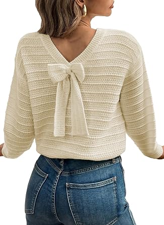 EVALESS Sweaters for Women Long Sleeve Fall Outfits 2026 Back Bow Knot Sweaters Round Neck Solid Knit Pullover Tops